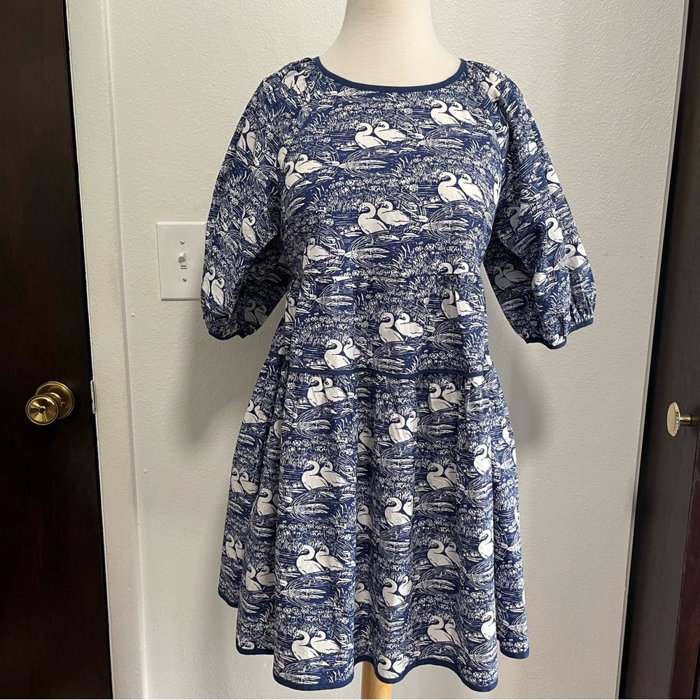 Laura Ashley UO Toile Bella Tiered Babydoll Dress Womens Size Small Blue White